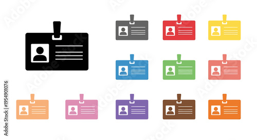 Set of colorful identification cards with person icon and text lines, featuring a clip at the top, suitable for various professional and personal uses.