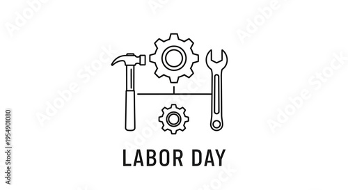 Line art illustration representing Labor Day with tools and gears, symbolizing work and industry.