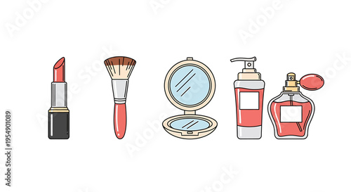 A collection of various beauty and cosmetic products including lipstick, a makeup brush, compact powder, lotion, and perfume.