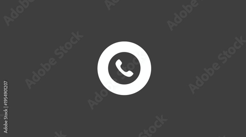 Phone call icon, white circular symbol on dark grey background. Communication, contact us, customer service, business support concept.