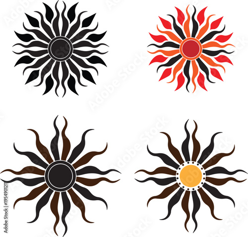 Set of 4 sunburst icons vector, colorful and black