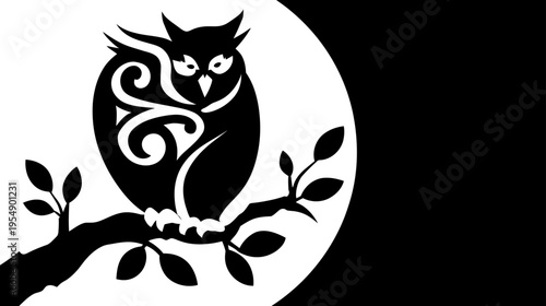 Elegant Black Owl Silhouette on Tree Branch against Full Moon - Stylized Nocturnal Bird Vector Graphic Design