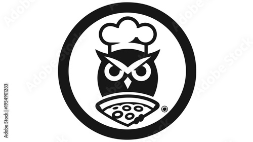 Wise chef owl mascot logo icon with pizza slice. Creative design for restaurant, food delivery, or culinary business branding.