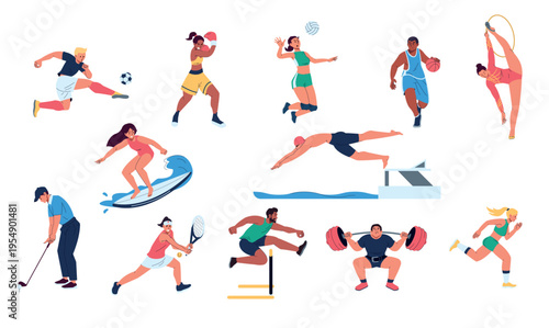 A set of vector illustrations depicting energetic athletes in action, demonstrating various sports various sports activities for health and wellness concepts. Preparation for sports competitions.