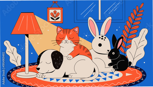 Sweet depiction of domestic pets like puppies, a cat and bunnies sleeping together in a cozy kit
