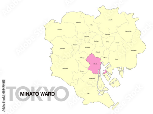 東京都港区の位置地図 区名有り(英語) 01
