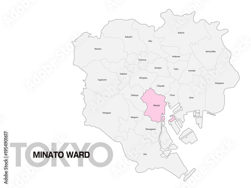 東京都港区の位置地図 区名有り(英語) 02