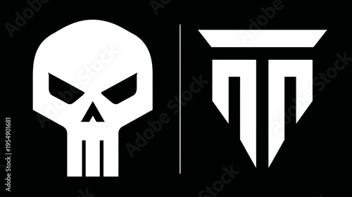 Abstract graphic symbols: a stylized skull icon and a modern geometric emblem on black. Edgy design for tech or gaming.