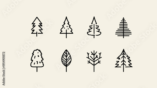 Minimalist outline tree icons set. Simple vector illustrations of various evergreen and deciduous trees, nature symbols, forest elements.