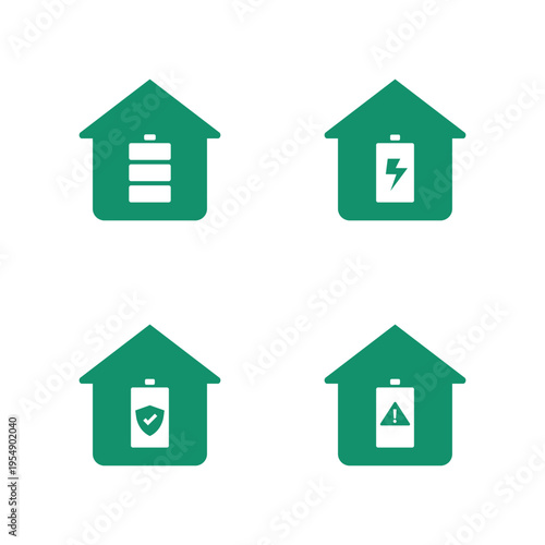 Set of modern smart home icons featuring houses with battery symbols representing energy storage, power supply, warning, safety, and security concepts. Clean flat design for apps and technology use.