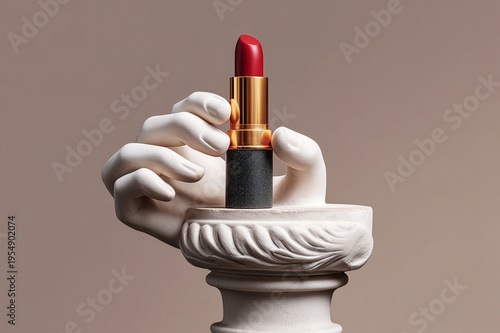 Sculpted white hand holding luxurious red lipstick. Minimalism and sophistication. Symbol of femininity and self-expression. Luxury and elegance.