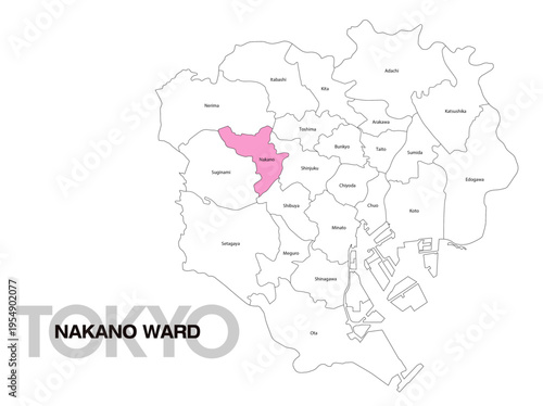 東京都中野区の位置地図 区名有り(英語) 04