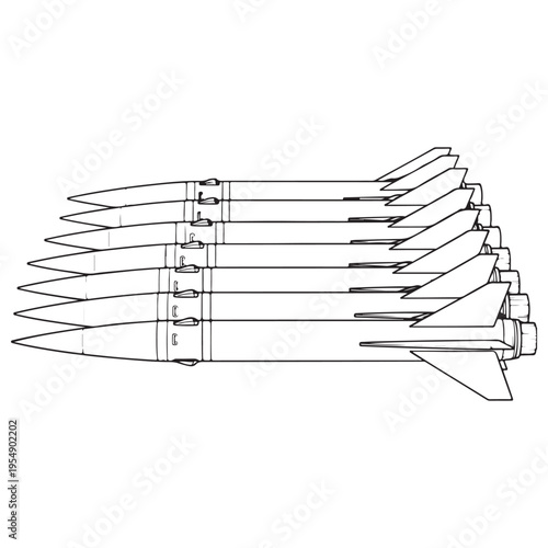 Row of military ballistic missiles and rockets lined up in a horizontal formation, minimalist black and white line art illustration isolated on white background, technical schematic style.