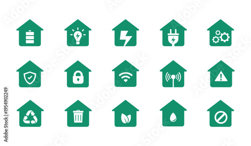Collection of smart home energy icons including battery storage, electricity, security, wifi, automation, recycling, and eco symbols. Minimal flat design ideal for UI, apps, dashboards, and tech.