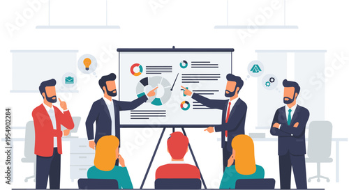 Business team presenting on whiteboard in modern office with casual professional attire in bright corporate lighting for marketing materials