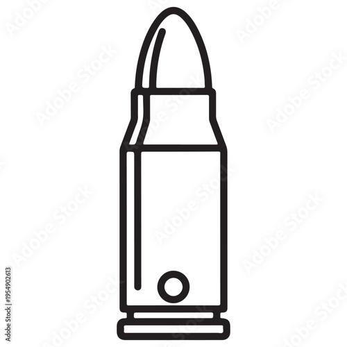Minimalist black and white bullet icon illustration isolated on white background, representing ammunition, firearm safety, and ballistics in a clean vector line art style for graphic design.