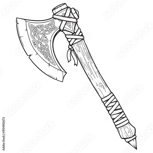 Ornate Norse Viking Battle Axe with Intricate Celtic Knotwork Engravings and Leather Wrapped Wooden Handle, Hand-Drawn Black and White Line Art Illustration for Fantasy Coloring Pages.