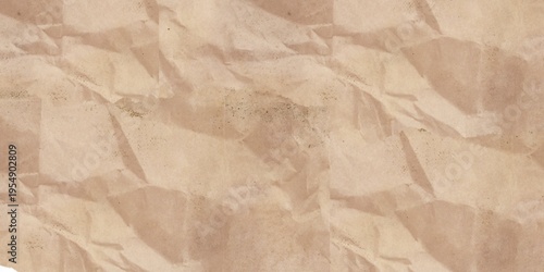 Seamless background texture of crumpled light brown paper with detailed creases and shadows.