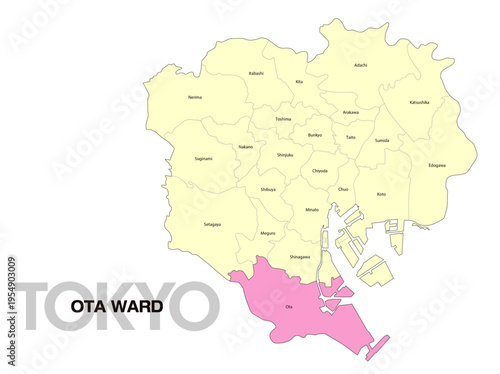 東京都大田区の位置地図 区名有り(英語) 01