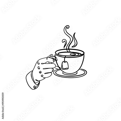 Minimalist line art of a hand holding a steaming tea cup. Hand-drawn aesthetic illustration for cozy cafe, relaxation, and morning ritual concepts.
