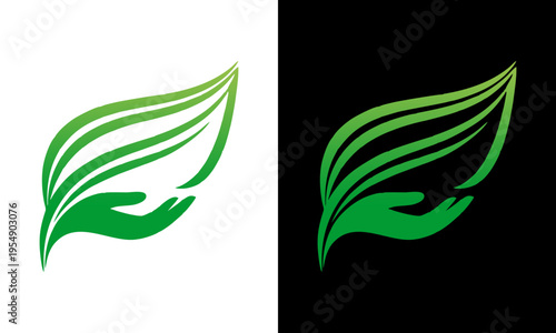 A green leaf illustration held by a hand on white and black backgrounds.