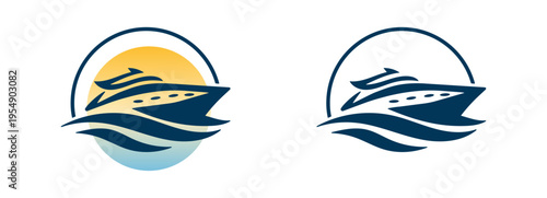 Sunrise luxury logo with yacht and ocean waves modern waterfront premium style