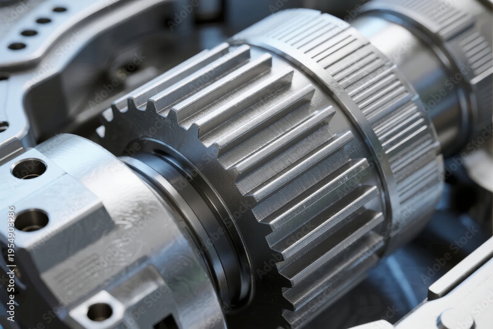 Fototapeta premium Close-up of metallic gears and mechanical components in an industrial machine