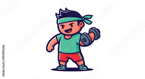 Cartoon athlete lifting dumbbell on white background