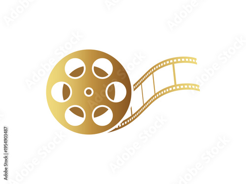 Silhouette of a golden film roll. Cinema equipment icon. Cinema symbol. Vector illustration.