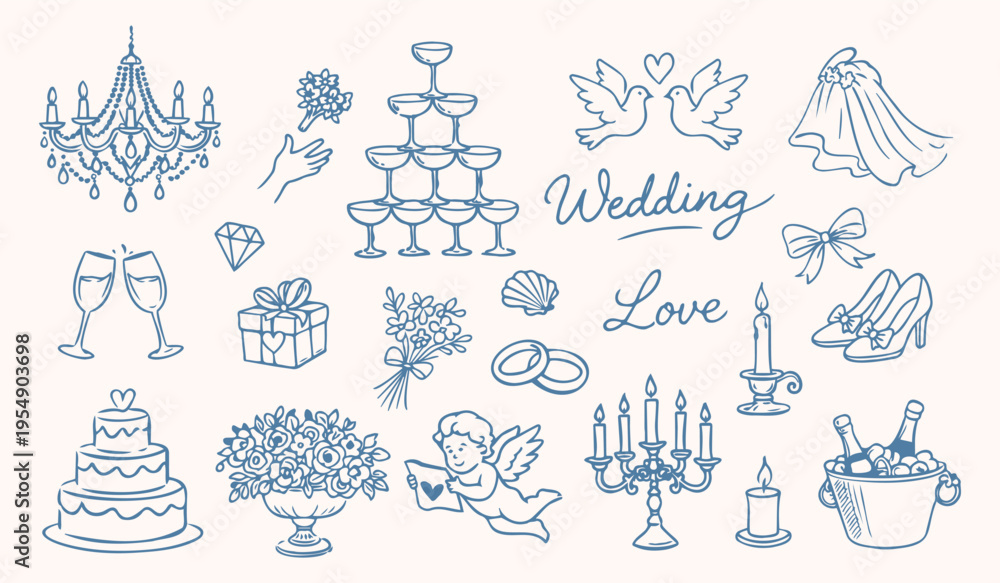 Obraz premium Wedding doodle icons set with cake rings champagne cupid and romantic elements hand drawn vector collection