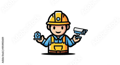 Cartoon security technician with equipment illustration