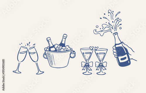 Champagne celebration doodle set with glasses bottle and ice bucket hand drawn sketch vector illustration