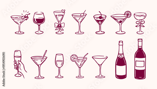 Cocktail party doodle set with wine glasses martini and champagne bottles hand drawn retro vector collection
