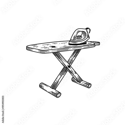 hand drawn ironing board with electric iron line art vector illustration