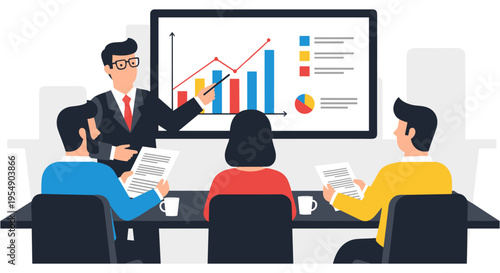 Businessman presenting data on screen to colleagues in meeting room with colorful graphs in professional corporate setting for finance