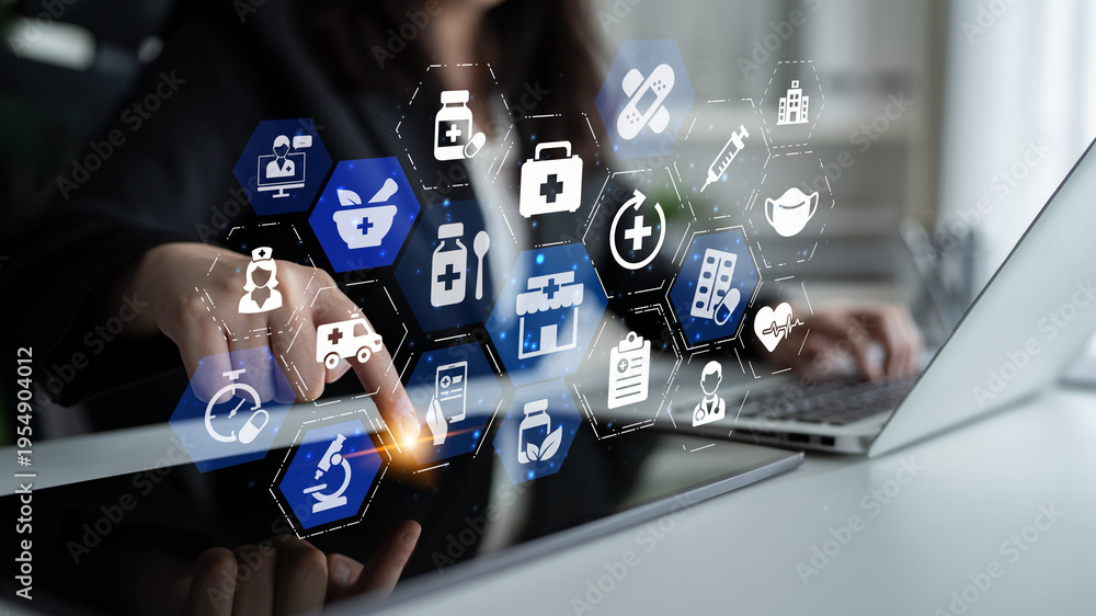 Fototapeta premium Online pharmacy icons showing medicine, healthcare, prescription and medical services with digital pharmacy, online drugstore, telemedicine and modern pharmaceutical solutions. Entice