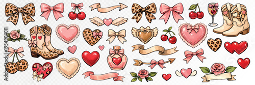 Trendy coquette western element set with bows, boots, hearts, cherries, ribbons and leopard prints, romantic feminine clipart collection for stickers, boutique branding and decor. Vector illustration