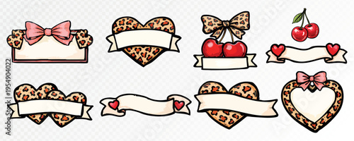 Cute coquette banner set with leopard hearts, cherries, bows and romantic ribbon labels, feminine decorative clipart collection for stickers, cards, boutique branding and valentine design. Vector