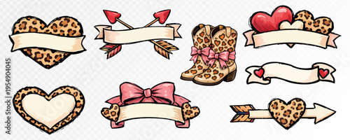 Romantic coquette element set with leopard hearts, ribbon banners, cupid arrows, western boots and red hearts, cute feminine clipart for stickers, branding and valentine decor. Vector illustration