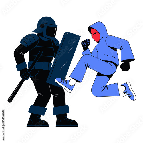 Illustration depicting a powerful clash between a police officer in riot gear with a shield and a hooded figure mid-kick, symbolizing civil unrest, protest, and societal tension