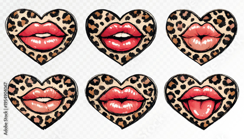 Leopard print heart lip set with glossy red and nude mouths, playful romantic fashion clipart collection for stickers, beauty branding, feminine cards and trendy graphic design. Vector illustration