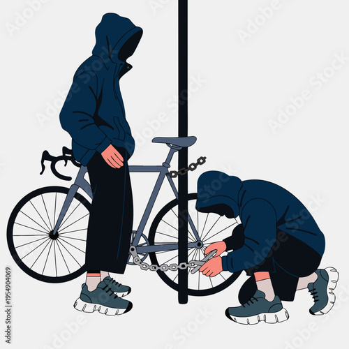 Illustration of two individuals dressed in hooded jackets securing a bicycle with a chain lock to a pole, depicting an act of theft prevention or security