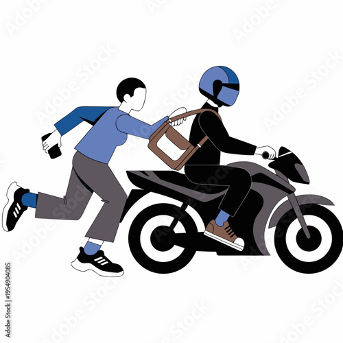 Dynamic illustration of a street snatching incident, depicting a thief running to grab a bag from an unsuspecting motorcyclist, highlighting urban crime and personal security challenges