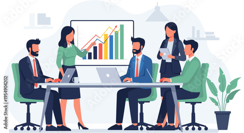 Diverse business team meeting in modern office with presentation on screen in flat design for corporate branding