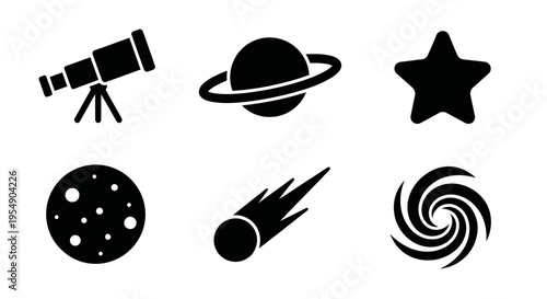 Space icons: telescope, planet, star, moon, comet, galaxy