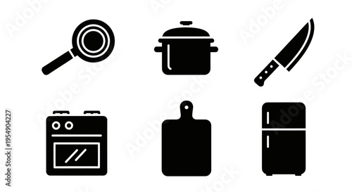 Kitchen appliance icons: frying pan, pot, knife, oven, cutting board, fridge