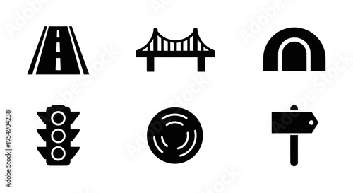 Set of transportation and navigation icons: road, bridge, tunnel, traffic light, roundabout, sign