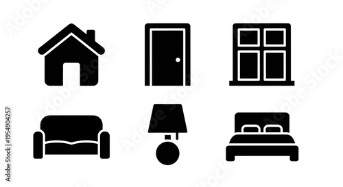 Home Icons: House, Door, Window, Sofa, Lamp, Bed - Set