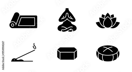 Yoga and Meditation Icons: Mat, Lotus, Incense, Cushion, Zen Symbol