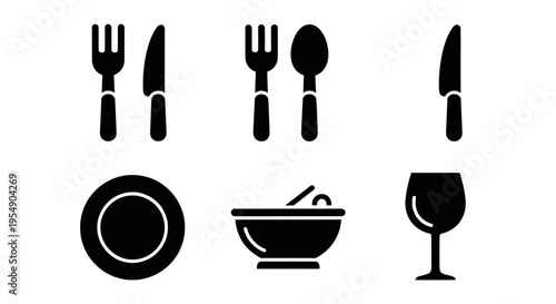Dinnerware Icons: Plate, Bowl, Cutlery, and Wine Glass